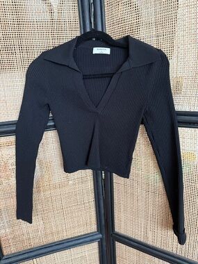 Babaton Black Ribbed V-Neck Collared Long Sleeve Crop Top